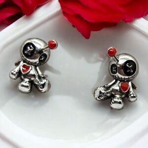 Voodoo Doll Earrings Silver Stud Pierced Ears Creepy Gothic Horror Goth Curse